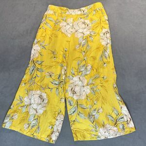 Nicole Miller Pants Size Large 100% Linen Wide Leg Floral Yellow Coastal Beach